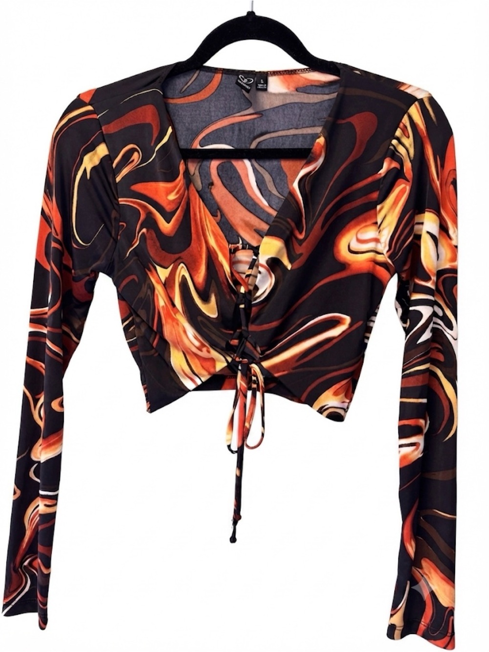 Windsor Black & Orange Swirl Tie-Front Crop Top